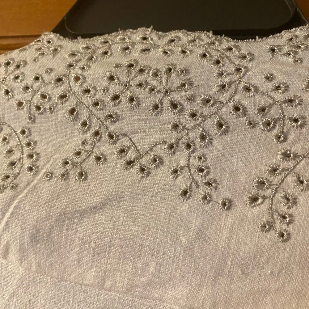 SUSAN GRAVER STYLE White Silver Metallic Eyelet Jacket Blazer Linen Blend Medium - Picture 6 of 8